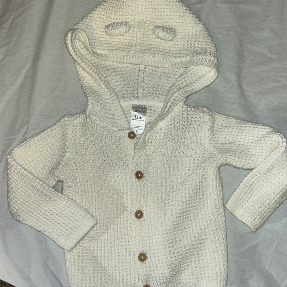 Carters 100% Cotton Button Up Hooded Sweater White 12 Months